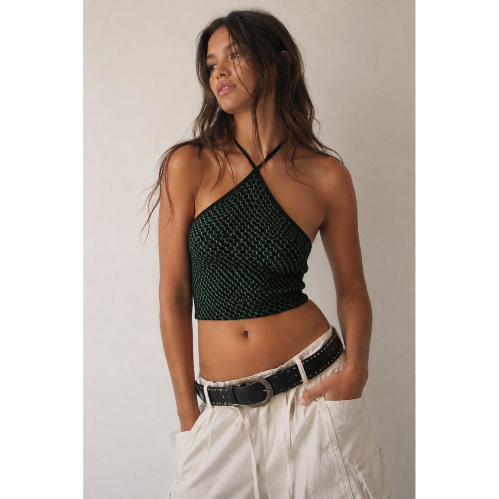 Zara Green Black Halter Knit Crop Top XS-S Y2K Mod Retro Festival Indie Sleaze